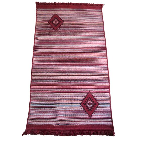 Hand Woven Reversible Red Multicolor Wool Rug with Diamond Pattern Fringed Edge - Picture 3 of 13